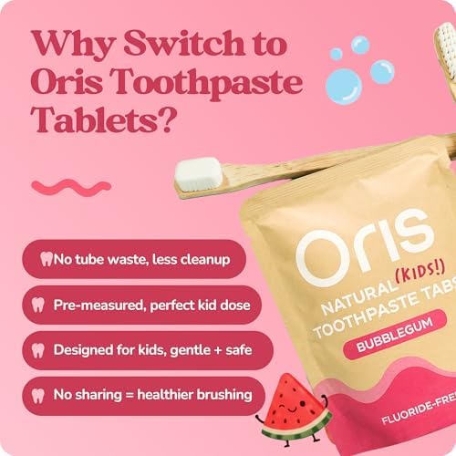 Oris Kids Toothpaste Tablets - Junior Fluoride-Free Chewable Tablets for Children, Nano Hydroxyapatite Remineralizing Toothpaste, No Mint, Non-Spicy (Bubblegum)