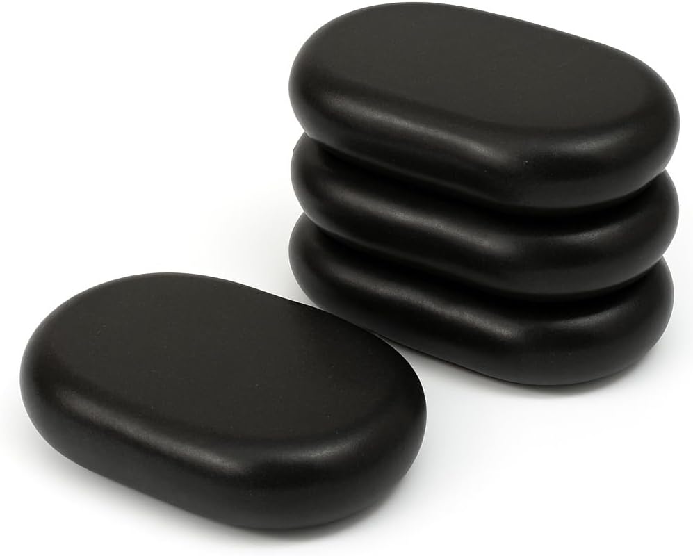 Set of 4 XL Oval Hot Massage Stones – Natural Basalt Stones for Spa Therapy & Muscle Relief – Smooth, Heat-Retaining, Large Size for Professional and Home Use