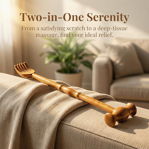 2-in-1 Wooden Back Scratcher Massager, Natural Wenge Wood Massage Hammer, Long Handle Ergonomic Back Itch Relief, Manual Body Massager for Muscle Relaxation, for Parents & Elders