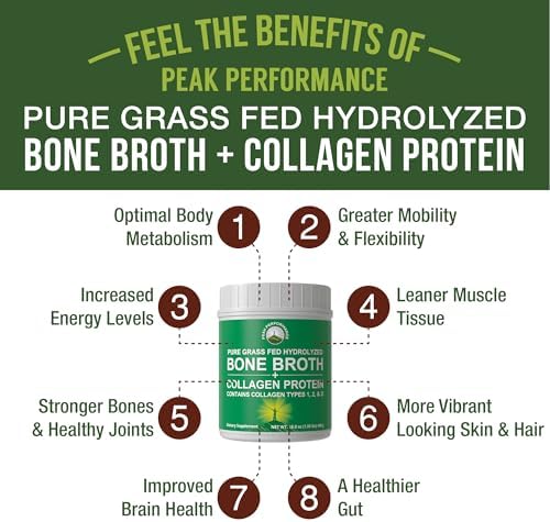 Peak Performance Hydrolyzed Bone Broth + Collagen Unflavored Protein Peptides Powder - Contains All Collagen Types: 1, 2, and 3 - Pure Pasture Raised Grass Fed, Paleo Friendly, Gluten + Dairy Free