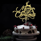 Merry Christmas Cake Topper，With Cute Reindeer Design Gold Glitter Cake Picks,Xmas New Year Holiday Christmas Party Supplies