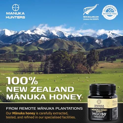 Manuka Hunters/MGO 50+ Certified New Zealand Manuka Honey - 100% Pure Natural Sweetener - Gluten, Dairy Free - Ideal for Tea, Coffee, Smoothies, and Baking - Sustainable - 8.8oz/250g Jar
