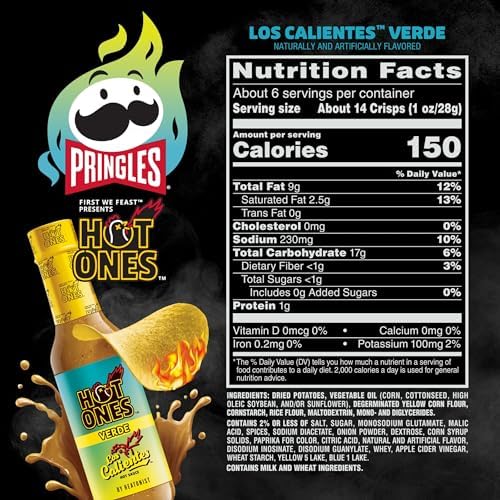Pringles Hot Ones Los Calientes Potato Crisps Chips, Verde, Spicy Snacks, Hot Sauce Inspired, 5.5oz Can (1 Can)