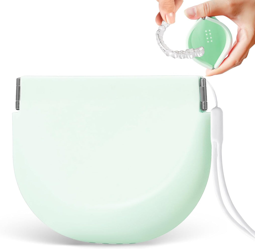 Silicone Retainer Denture Storage Case Holder, Portable Slim Dental Container Cleaning Box with Drain Holes and Leakproof for Aligners, Mouth Guards, Night Guards, Removable Dental Appliances (Green)