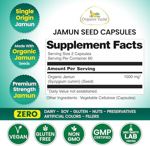 Organic Veda Jamun Seed Capsules – Indian BlackBerry Seed Sugar Digestion Herbal Supplement – Supports Metabolism & Antioxidant Health – Vegan, Non-GMO, No Fillers – 120 Capsules