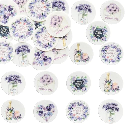 Gyufise 54Pcs Edible Happy Mother's Day Cupcake Toppers Wafer Paper Flower Mom I Love You Cake Dessert Pick Decorations for Women Birthday Party Supplies Purple
