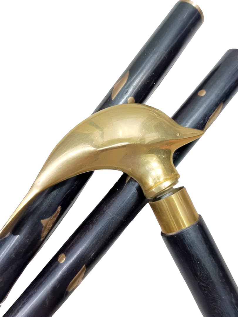Vintage Brass Dolphin Handle Walking Stick – Solid Wood Shaft – Nautical Gift Cane for Men