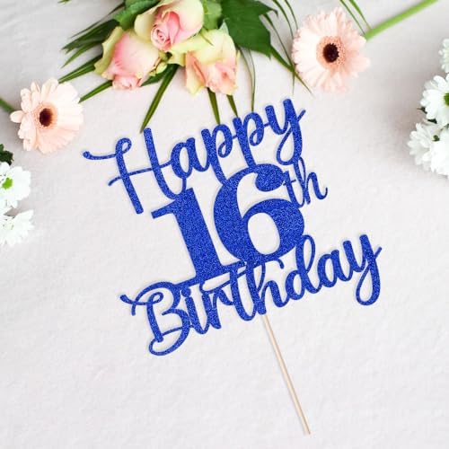 Kaoenla Glitter Happy 16th Birthday Cake Topper,Hello 16，Cheers to 16 Years,16th Anniversary /16 years old birthday Party Deco(16th, blue)