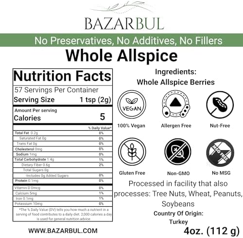 Whole Allspice Berries Pimenta dioica - Certified Kosher, 4oz Resealable Pouch | Fresh, Aromatic, All-Natural Spice for Cooking, Baking, Pickling, Bottle Refill, and Grinder Refill