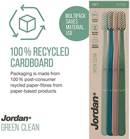 Jordan* ® | Green Clean Manual Toothbrush | Sustainable, Scandinavian Design, Soft Bristles, Mixed Colors | 4 Units