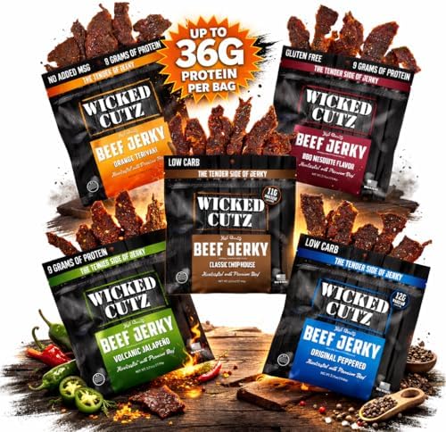 Wicked Cutz Beef Jerky Variety Pack | 5 Flavors Up to 36g Protein Per Bag | Tender, Easy to Chew, USA Made, High Protein Carnivore Snacks | Unique Gifts for Men (5 Bags)