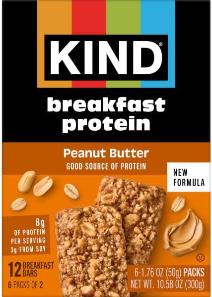 KIND Breakfast Protein Bars, Peanut Butter, Gluten Free, Low Sodium, Healthy Snacks, 8g Protein, 6 Count (6 Packs of 2 Bars)