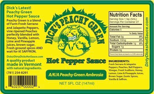 Dirty Dicks Peachy Green Hot Sauce, 5 Fl Oz - A Flavorful Blend of Peppers, Peaches, and Exotic Spices (Pack of 1)