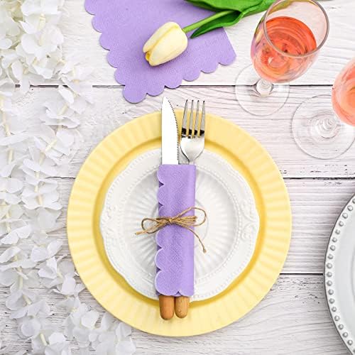 Fuutreo 100 Pcs Scalloped Cocktail Napkins Thick Paper Disposable Party Napkins Beverage Tissue for Wedding Dinner Birthday Supplies, 5 x 5 Inches(Purple)