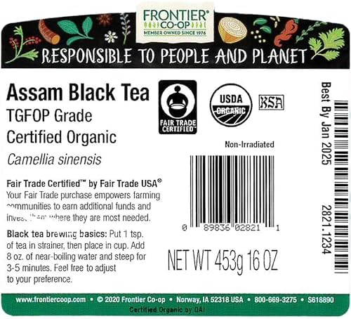 Frontier Co-op Organic Fairtrade Assam Black Tea, Tippy Golden Flowery Orange Pekoe, Loose Leaf, Kosher | 16 Ounce (Pack of 1)