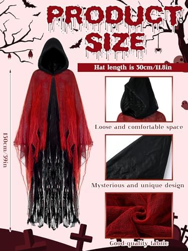 Geyoga Grim Reaper Costume Scary Hooded Cape Witch Costume Hooded Cape for Adult Women Man Cosplay Props