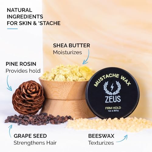 ZEUS Firm Hold Mustache Wax for Men, All-Day Hold & Moisturizing Grooming Mustache Wax with All Natural Ingredients & Application Pick (Made in USA) 1 oz.