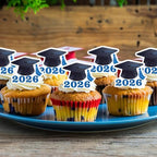 42pcs Edible Graduation Cap Cupcake Toppers Wafer Paper Blue Class of 2026 Cake Decorations Edible Grad Cap Cupcake Picks for 2026 Graduation Theme Party Cake Decor Supplies