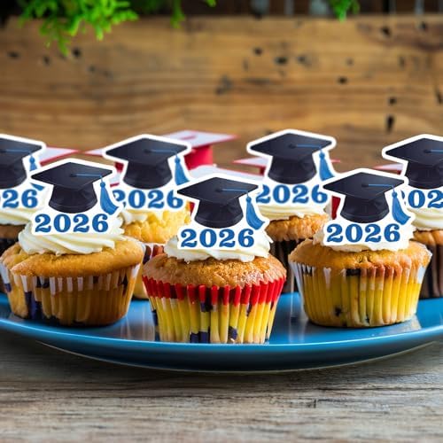 42pcs Edible Graduation Cap Cupcake Toppers Wafer Paper Blue Class of 2026 Cake Decorations Edible Grad Cap Cupcake Picks for 2026 Graduation Theme Party Cake Decor Supplies
