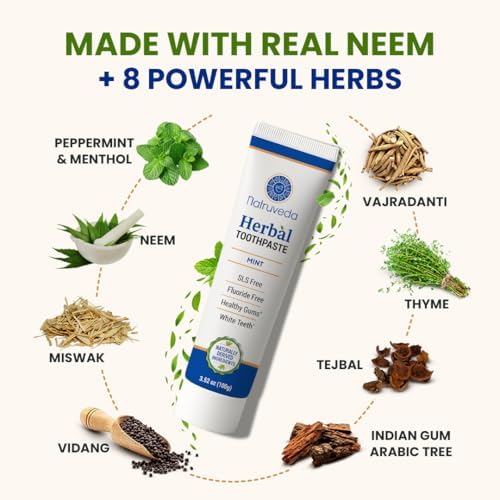 Neem Herbal Toothpaste with Complimentary Copper Tongue Scraper | Fluoride Free, SLS Free, Natural Toothpaste for Adults | Ayurvedic Oral Care with Miswak | 3.52 oz (2 Pack)