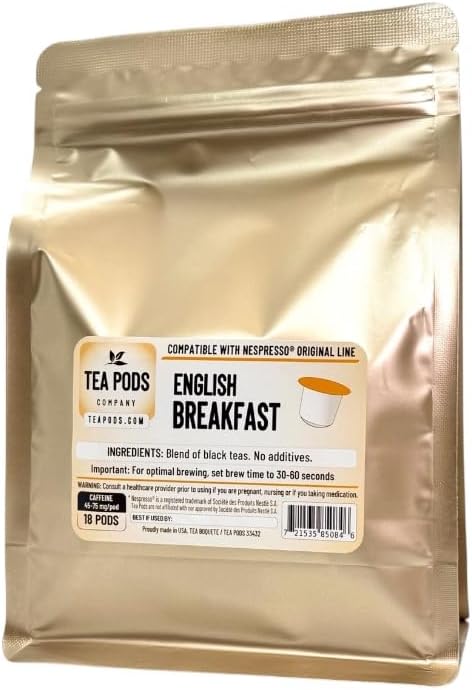 English Breakfast black tea pods compatible with Nespresso OriginalLine, single-serve tea capsules for coffee brewing machines. Pack of 18 tea capsules