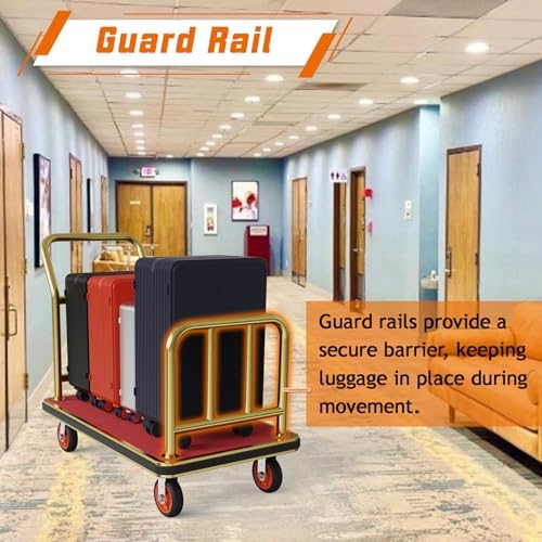 Gold Hotel Metal Classic Luggage Cart 42"x24" Bellman Cart Baffle Guardrail Weight Capacity Up to 850 lbs