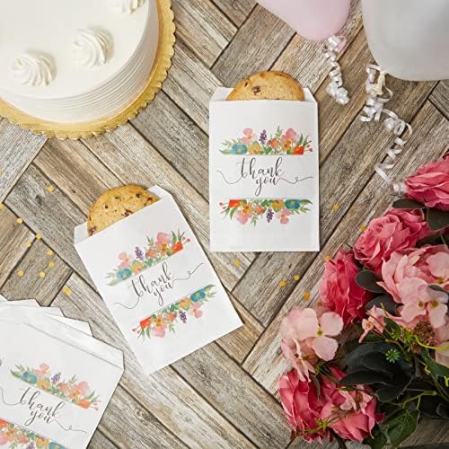 Juvale Paper Bags for Cookies & Treats - 7.5 x 5 in, White, 100 Pack - Thank You Pouches with Flowers & Floral Paper Party Favors - Wedding Favor Candy Bags