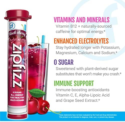 Zipfizz Energy Drink Mix, Electrolyte Hydration Powder with B12 and Multi Vitamin, Black Cherry, 20 Count (Pack of 2)