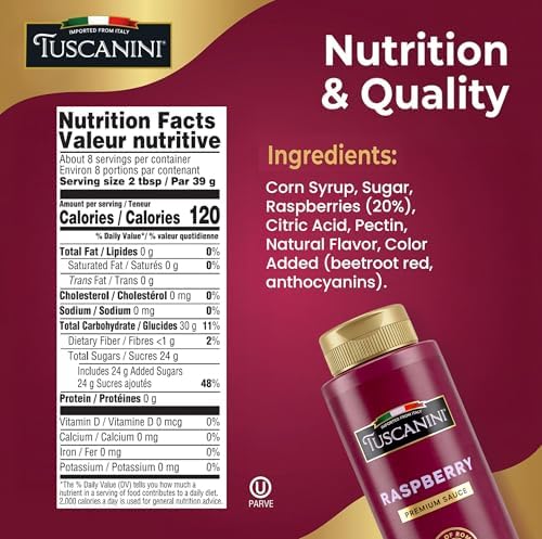 Tuscanini Italian Premium Raspberry Sauce,10.6 oz | Made in Italy | Gourmet Fruit Syrup for Cheesecake, Plating, Cocktails & Mocktails | Squeeze Bottle | Natural Colors