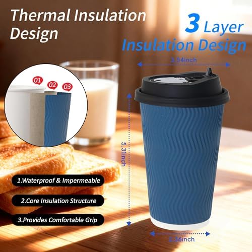 16 oz 100 Pack Corrugated Ripple Wall Disposable Coffee Cups with Lids and Straws, Heavy Duty Insulated Cups for Hot Beverage or Cold Drinks, Bulk for Restaurants, Offices, Coffee Shops(Blue)