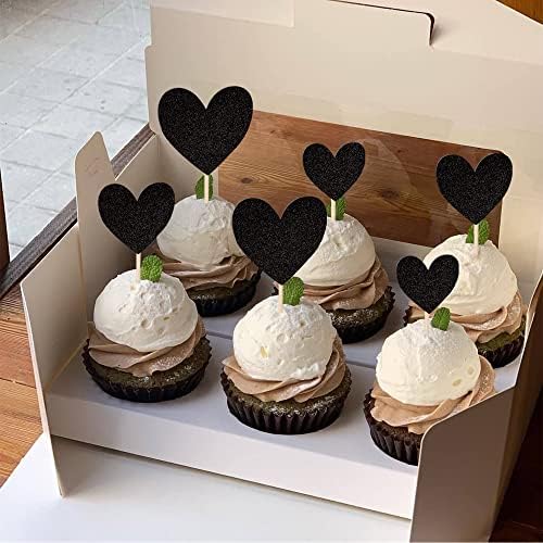 Rsstarxi 30 Pack Heart Cupcake Toppers Black Glitter Sweet Love Baby Shower Cupcake Picks for Bridal Shower Wedding Engagement Birthday Valentine's Day Party Cake Decorations Supplies