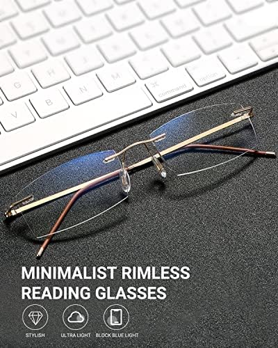 TERAISE Rimless Reading Glasses for Men Women, Lightweight Metal Clear Readers, Fashion Blue Light Blocking Computer Glasses