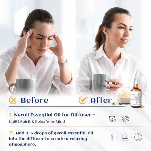 HIQILI Neroli Essential Oil 3.38 Fl Oz, Pure Natural Neroli Oil for Skin, Diffuser, Includes 10ML Travel Bottle - 100ML