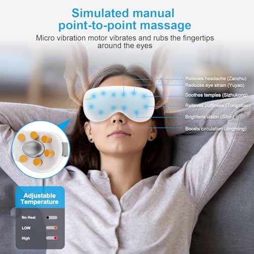 Eye Massager with Heat and Cooling Therapy, Vibration & Bluetooth Music – 4 Adjustable Modes for Eye Fatigue Relief and Relaxation – Rechargeable, Portable, 2400mAh Battery
