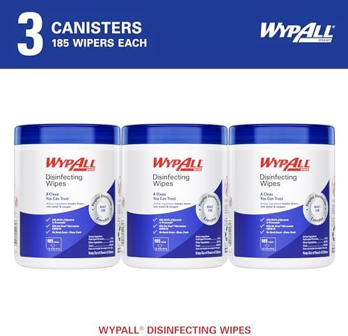 WypAll Disinfecting Wipes (54481), with Hydrogen Peroxide Disinfectant Cleaner for Commercial, Industrial & Healthcare, 5.75 x 7 inch Sheets, Fresh Scent (3 Canisters of 185 Sheets)