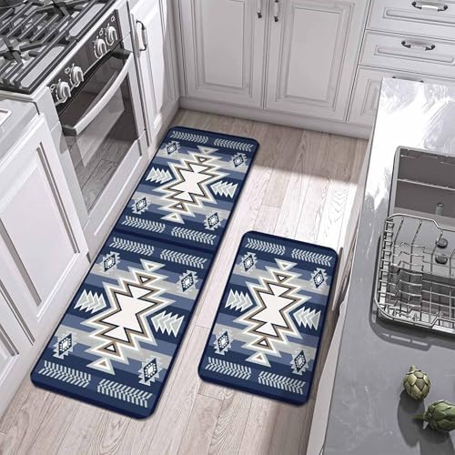 Bohemia Aztec Kitchen Mats for Floor 2 Piece, Blue Geometric Country Farmhouses Tribe Absorbent Non-Slip Kitchen Rugs Comfort Standing Mat for Laundry, Hallways 15.7"x23.6"+15.7"x47.2"