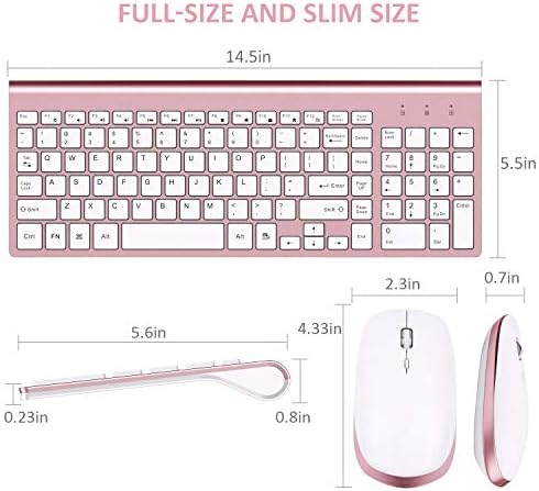 FENIFOX Keyboard and Mouse Wireless, USB 2.4GHz Combo Silent Quiet Low Profile Compact Full Size Flat Slim Thin Portable with Number Pad Soft Cover for PC Laptop Computer Office - Pink & Rose Gold