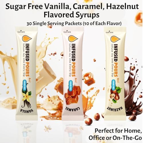 Single Serving Syrup Packets, Sugar Free Variety Pack, for Coffee and Cocktails - Flavors (10 Each): Vanilla, Caramel, Hazelnut - 6mL Each, 30 Count - Bag of Syrups by Infused Pours