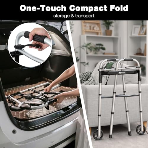 Whlicks Folding Walkers for Seniors,Aluminum Lightweight Walkers with Wheels, Adjustable Width and Height Front Wheel Walker for Elderly and Disabled, Supports up to 350 lbs