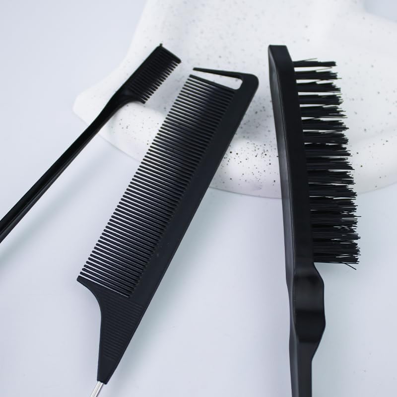 3 Pieces Hair Styling Comb Set Teasing Hair Brush Rat Tail Comb Edge Brush for Brushing, Combing, Slicking Hair for Women(Black)
