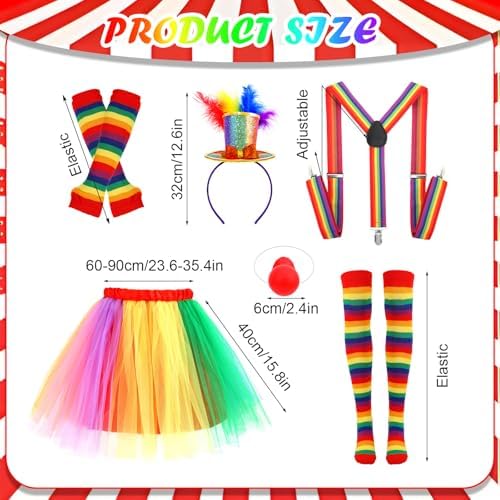 7pcs Clown Costume with Rainbow Tutu Clown Nose Face Stickers Feather Headband and Rainbow Socks Gloves Suspenders