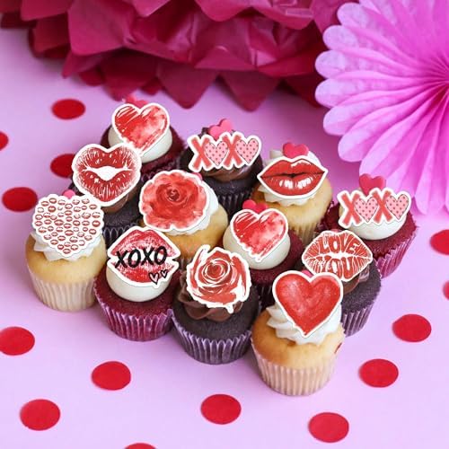 Rsstarxi 60 Pack Happy Valentine's Day Edible Cupcake Toppers Wafer Paper Rose Flower Lips Love Heart Cupcake Picks Decoration for Sweet Love Wedding Valentine's Day Party Cake Decorations Supplies