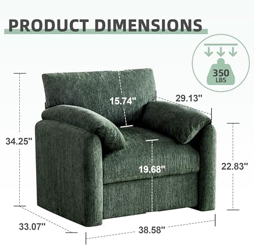 Howjoe Chenille Oversized Armchair, 38.6" Wide Accent Chairs for Living Room & Bedroom Modern Lounge Chair, Upholstered Mid-Century Reading Chair, Comfy Living Room Chair, Single Sofa Chair, Green
