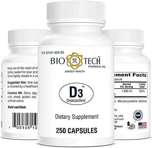 Bio-Tech Pharmacal D3 (1,000 IU), 250 Capsules – All-Natural Supplement – Supports Bone & Immune Health – No Dairy, Fish, Gluten, Peanut, Shellfish, & Soy – No Artificial Colors
