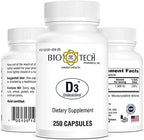 Bio-Tech Pharmacal D3 (1,000 IU), 250 Capsules – All-Natural Supplement – Supports Bone & Immune Health – No Dairy, Fish, Gluten, Peanut, Shellfish, & Soy – No Artificial Colors