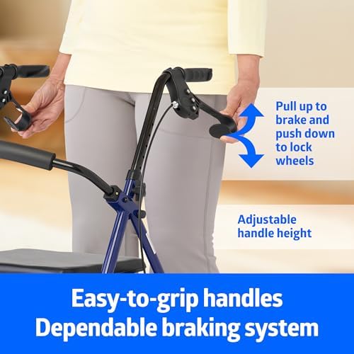 Medline Steel Rollator Walker with Seat, Blue, 350 lb. Weight Capacity, 6” Wheels, Foldable, Adjustable Handles, Rolling Walker for Seniors and Elderly, Walker for Mobility Impaired