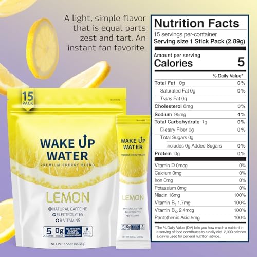 Wake Up Water Energy Drink Mix, Sugar Free Clean Energy Powder with Electrolytes & B Vitamins, Natural Caffeine for Focus & Hydration (15 Pack) - Lemon