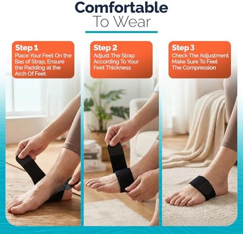 Foot Arch Support Braces for Women Men–Adjustable Compression Arch Support Bands with Gel Pad for Flat Feet, Heel Pain, High & Fallen Arches–Without Strap Anti-Slip Strips–(Pair-Black)