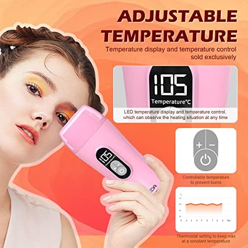Digital Roll On Wax Kit,Honey Thermostatic Roller Waxing Kit for Sensitive Skin, Depilatory Soft Wax Warmer with 2 Cartridge Refill 10 Wax-removing wipes and 100pcs Wax Strips