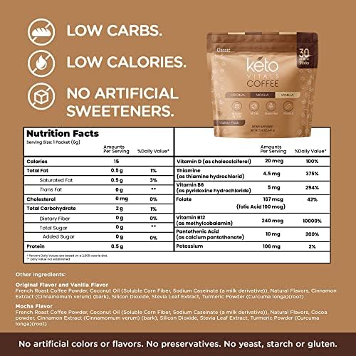 Keto Vitals Instant Keto Coffee Powder with MCT Oil & Vitamins - Low-Calories, Low-Carb, No Artificial Sweeteners – Energy & Metabolism Support – 30 Single-Serve Sticks (Original, Vanilla & Mocha)